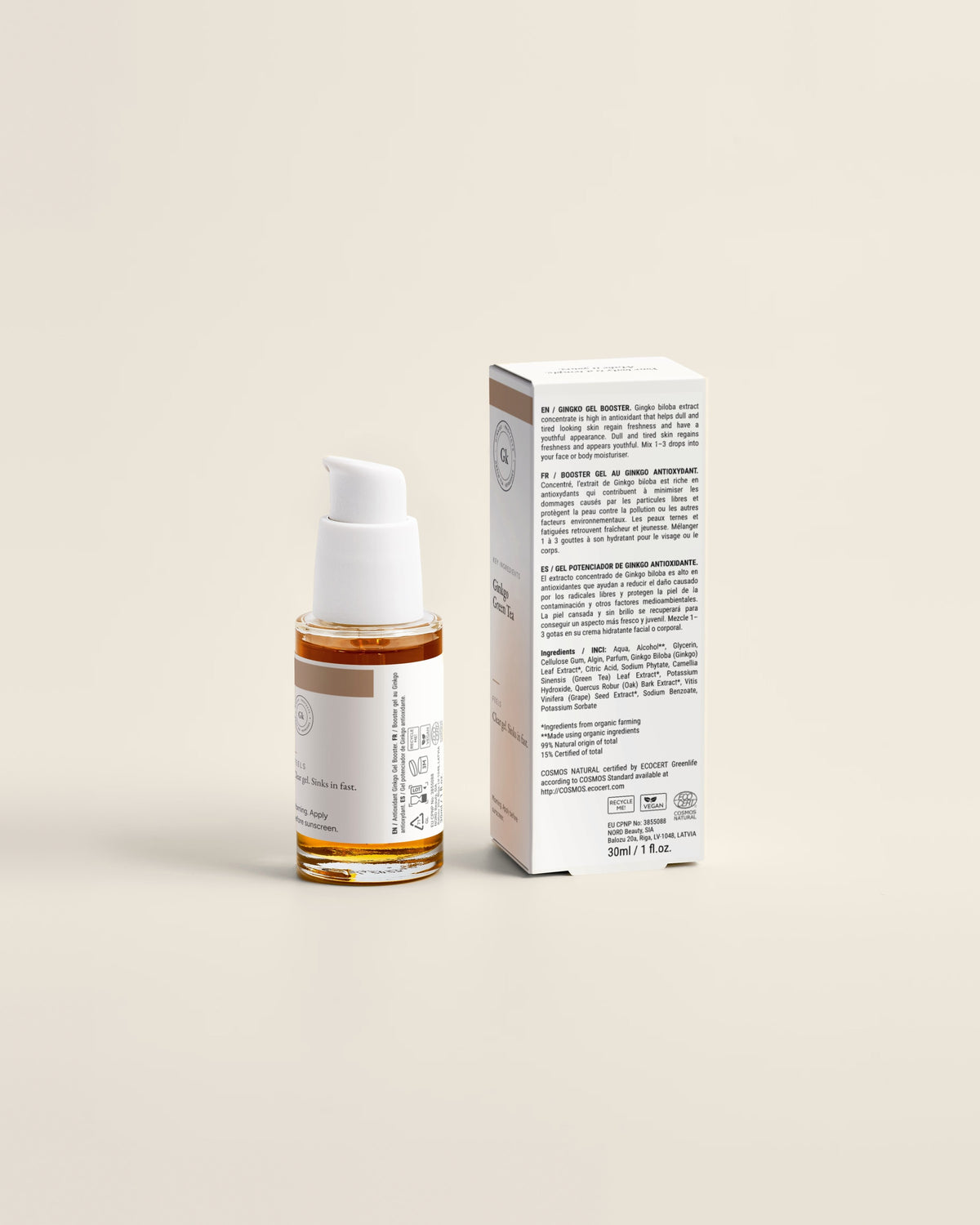 Antioxidant Face Gel for Everyday Defense, 30ml back label with box