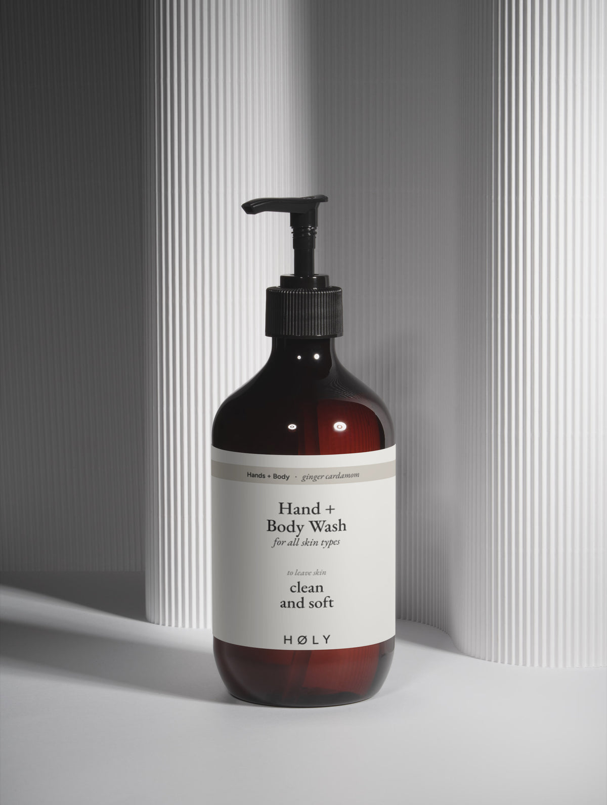 Hand + Body Wash, Ginger Cardamom, Amber Bottle, column scene